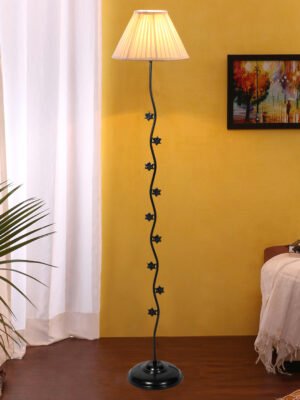 Ambika Home Velvet Monarch off-white Shade Premium Iron Floor Lamp with Iron Base & Powder Coated Finish | E27 Holder Included Bulb